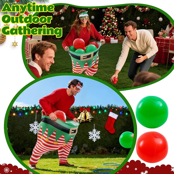 21 Pcs Christmas Granny Pants Outdoor Game, 4 Giant Granny Funny Pants with 1 Pump 12 Bouncy Balls & 4 Christmas Glasses, Holiday Tossing Game for Adults Family Yard Party