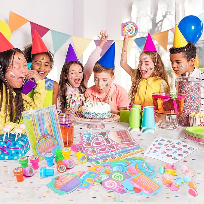 BenLouis 96Pcs Candyland Party Favors Ice Cream Donut Mini Notebook Stampers School Stationery Bulk for Kids Lollipop Sweet Treats Birthday Goodie Bags Pinata Filler Classroom Prizes Supplies