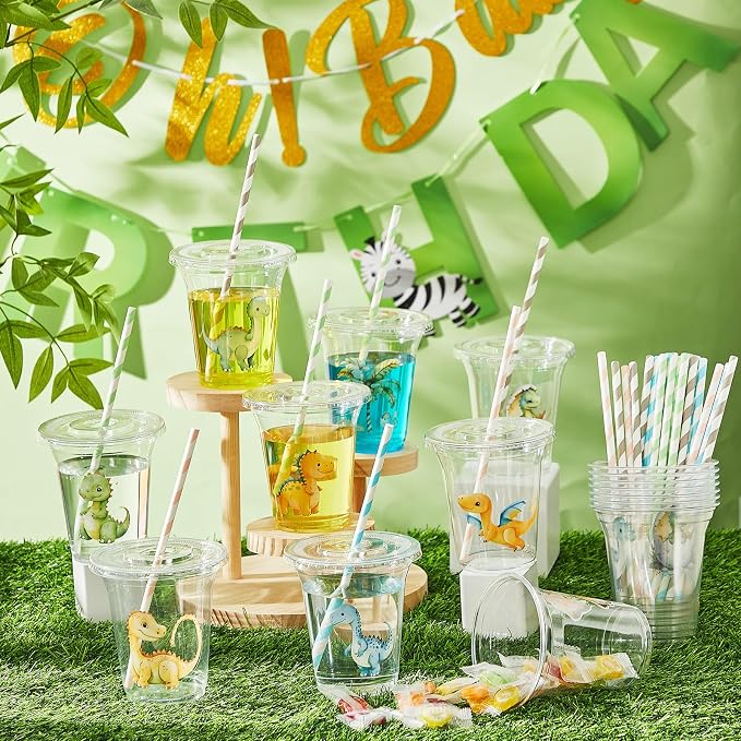Qinyoung 60 Pcs Dinosaur Baby Shower Decorations Safari Animals Cups with Lids and Paper Straws 14 oz Dino Rebirth Party Cups for Dinosaur 4th Baby Shower Birthday Party Favor