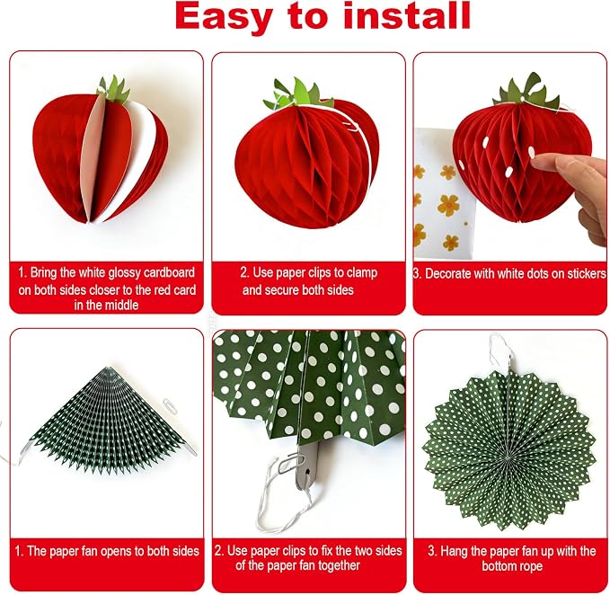 Strawberry Birthday Decorations,Cute Strawberry Party with Red Strawberry Honeycomb Balls,Green Paper Pom Poms,Paper Fan,Banner and Hanging Swirls Berry Hanging Decor Centerpieces