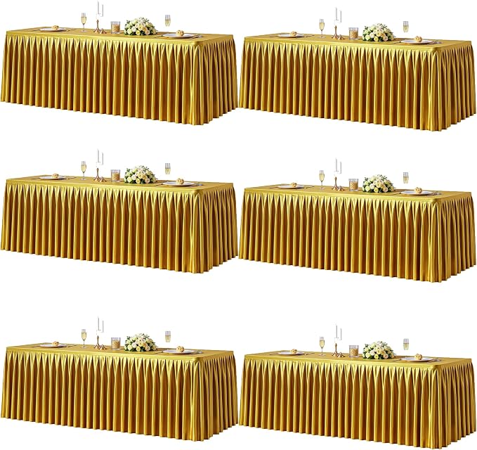 6 Packs Gold Satin Tablecloths Rectangle 8FT, Glitter Spandex Fitted Stretch Table Covers Wrinkle-Free Floor Length Shimmer Table Skirt for Weddings Parties Baby Shower Banquets Vendor Events