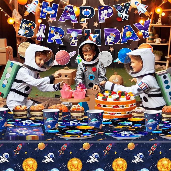 Space Party Tableware for 24 Guests, Outer Space Birthday Party Supplies, Space Party Plates Napkins Tablecloth Banner Garland etc Outer Space Tableware for Space Birthday Party Decorations