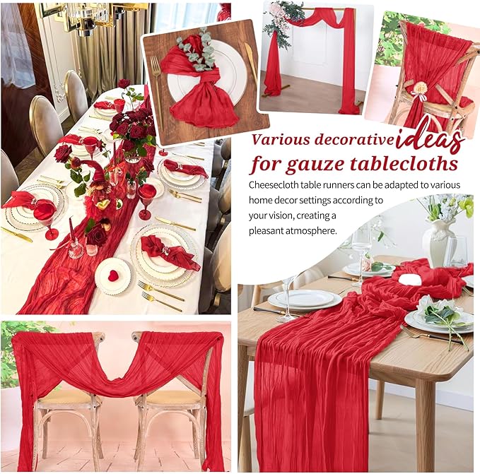 10 Pack Cheesecloth Table Runner Red, Rustic Boho Gauze Fabric Table Runner Romantic Table Runner for Wedding, Festival, Birthday, Anniversary, Dinner and Outdoor Events (17.7 x 108 inch)