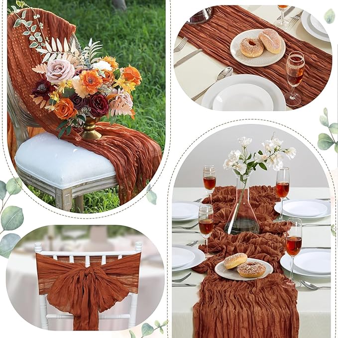 6 Pack Terracotta Cheesecloth Table Runner 10FT Long Boho Gauze Table Runner Rustic Sheer Runner for Spring Wedding Bridal Baby Shower Birthday Party Table Decor Home Thanksgiving Decor