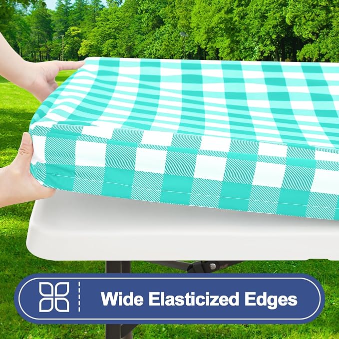 Smiry Picnic Table Cloth 4 Pack, Waterproof Elastic Fitted Tablecloths for 8FT Rectangle Tables, Washable Polyester Buffalo Plaid Tablecloth for Camping, Dining & Outdoor (Teal & White, 30" x 96")