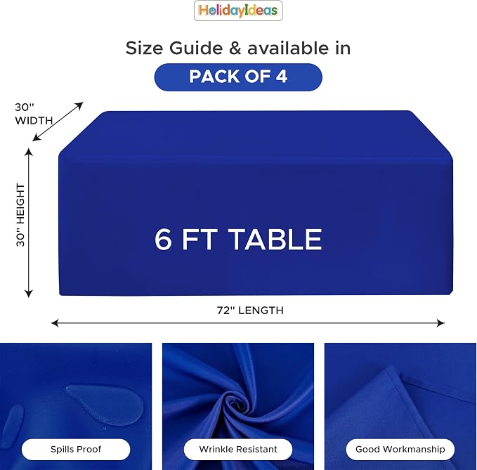 HolidayIdeas 4-Pack 6ft Royal Blue Rectangle Craft Shows Fitted Tablecloth | Wrinkle resistant table covers; bulk quantity pack for professional trade exhibition displays or vendor booths