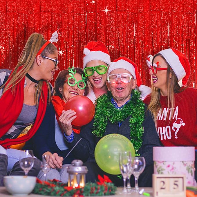 Tinsel Curtain Backdrop Red Birthday Party Decorations 2 Packs Glitter Foil Fringe Curtain Decor Streamers Photo Booth for Christmas Wedding Halloween Graduation