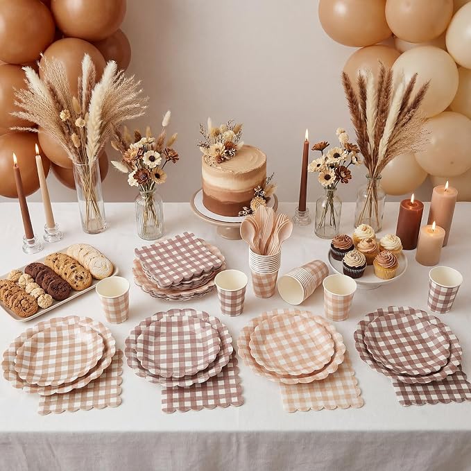 Yaomiao 168 Pcs Gingham Plates and Napkins Beige Plaid Disposable Dinnerware Sets Brown Gingham Plates Cups Napkin Knife Fork Spoon Serve 25 Guests for Wedding Baby Shower Birthday Party Supplies