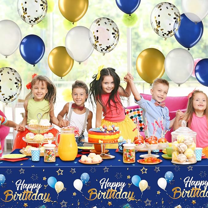 Moukeren Navy Blue and Gold Birthday Party Decorations 56 Pcs Happy Birthday Photography Backdrop Banner Tablecloths Confetti Balloons Kit for Boys Girls Men Women Party Supplies Decor