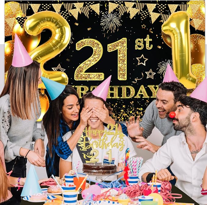 21st Birthday Decorations for Him Her with Banner, Black and Gold Table Cloth, Number Balloons, Large 21st Birthday Sash, Cake Topper and Candles