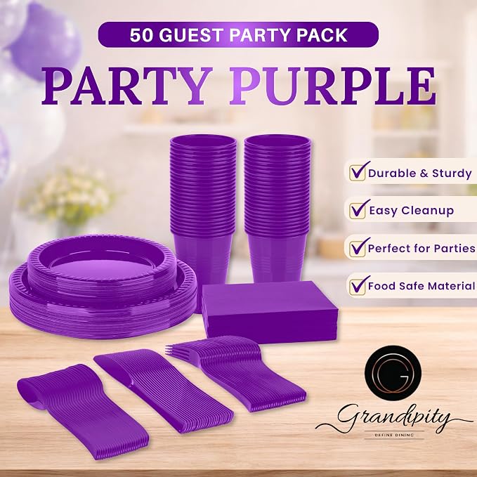 Grandipity 350 Piece Purple Disposable Dinnerware Set, Includes 50 of Each: 9" Dinner Plates, 7" Dessert Plates, 12oz Cups, Paper Napkins, Forks, Knives & Spoons