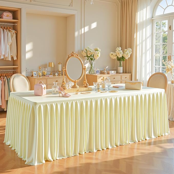 Champagne Satin Tablecloths Rectangle 4FT, Glitter Fitted Stretch Table Covers Wrinkle-Resistant Floor Length Shimmer Pleated Table Skirt for Weddings Parties Baby Shower Banquets Vendor Events