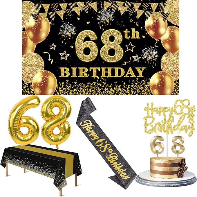 68th Birthday Decorations Men Women with 68th Birthday Banner, Black and Gold Table Cloth, Number Balloons, Sash, Cake Topper and Candles