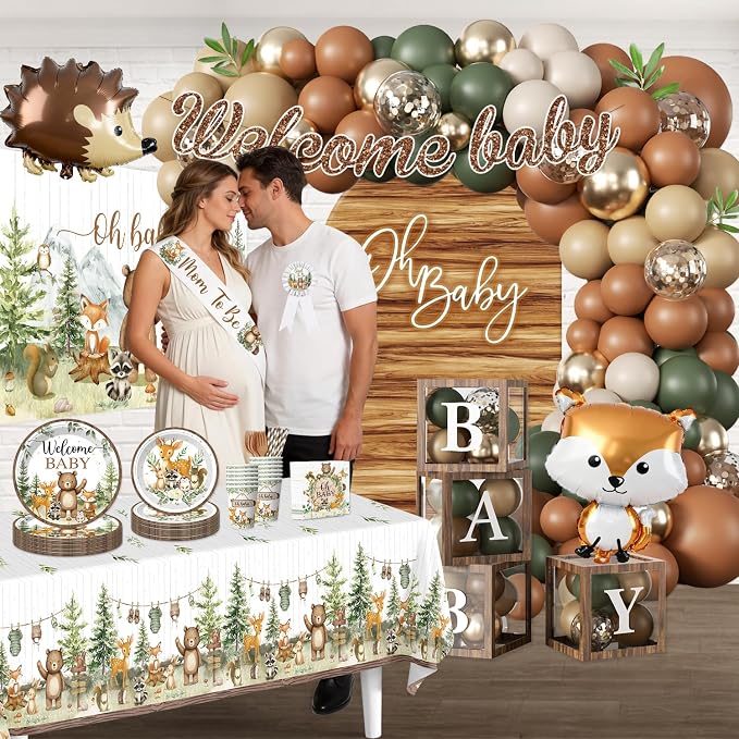 Woodland Baby Shower Decorations, 265 PCS Woodland Animals Baby Shower Party Supplies with Balloon Garland, Backdrop, Tableware, Balloon Boxes & Mom to Be Sash, Gender Neutral Forest Theme