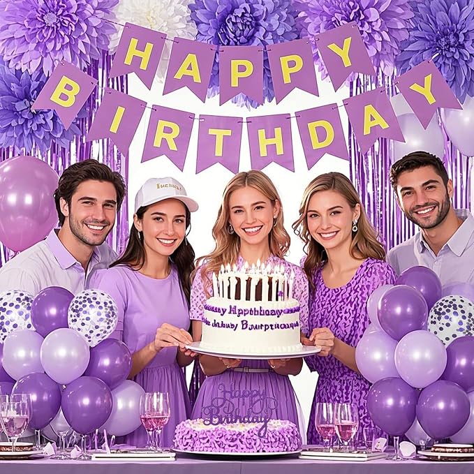 Purple Birthday Decorations, Happy Birthday Party Decorations with Happy Birthday Banner Butterfly Purple Balloons Pom Poms Foil Fringe Curtain for Party Birthday Decor