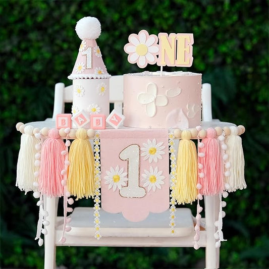 JUIIZAY Pink Daisy Baby First Birthday Party Decorations Blue High Chair Banner Crown Flower Cake Topper First Birthday Party Decorations