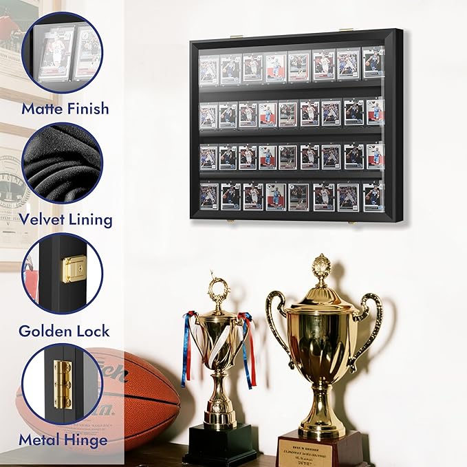 36 Graded Sports Card Display Case - Baseball Card Display Frame Lockable for, Football, Basketball, Hockey & Trading Cards - UV Protection & Clear Acrylic, Black