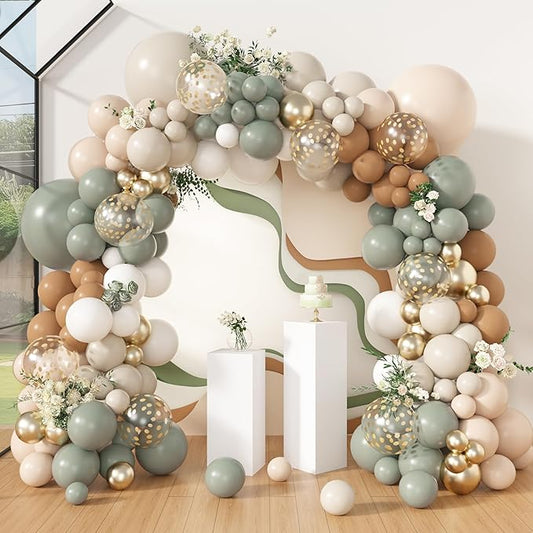 Amandir 173Pcs Dusty Green Nude Balloon Arch Garland Kit, Blush Cream White Sand Avocado Green Brown Gold Confetti Balloons for Neutral Shower Gender Reveal Wedding Birthday Party Decorations