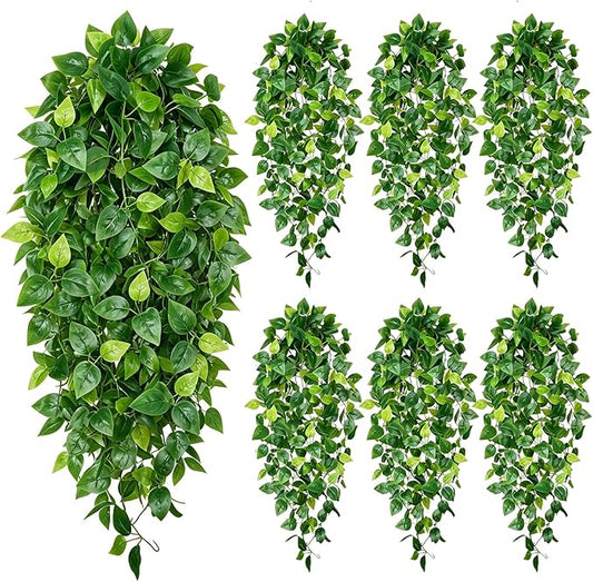 6Pcs Fake Hanging Plants Vines Artificial Hanging Plants Fake Ivy Vines Pothos Leaves Artificial Greenery for Aesthetic Wall Kitchen Bedroom Shelf Living Patio Home Indoor Outdoor Decor