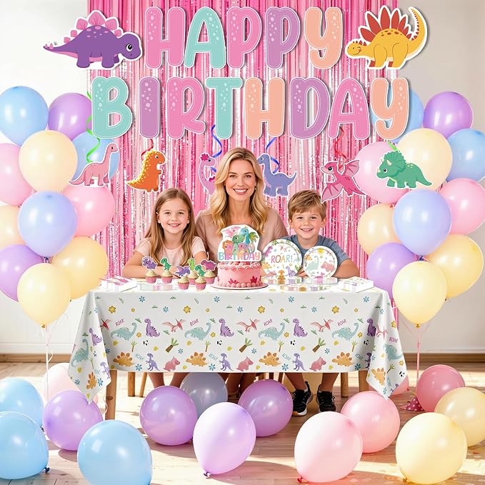 266PCS Dinosaur Party Birthday Decorations - Party Supplies Included Foil Fringe, Banner, Tablecloth, Hanging Swirls, Cupcake Toppers, Tableware, Paper Towel, Latex Balloons (Dinosaur-1)