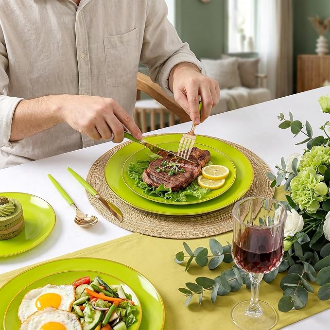 DaYammi 150Pcs Lime Green Plastic Plates & Gold Cutlery with Green Handle,green Disposable Plates with Gold Rim Include 30 Dinner Plate,30 Dessert Plate,30 Knives,30 Forks,30 Spoons for Party Dinner