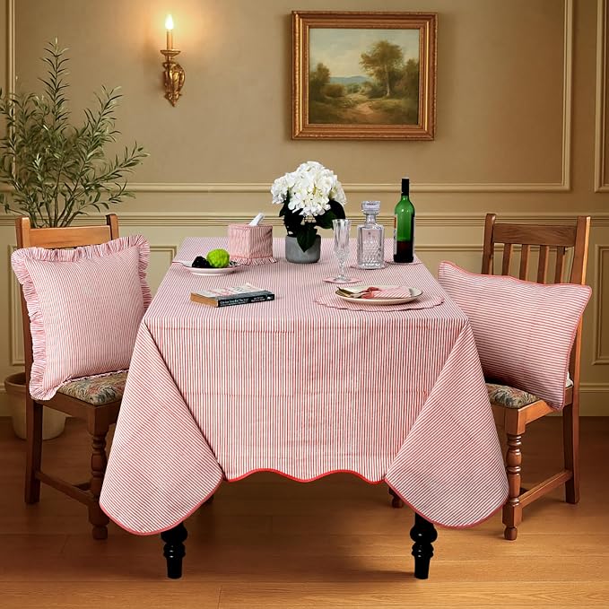 Ridhi Blush Coral Stripe Block Print 60x60 Square Tablecloth Table Cover for Dining Tables, Handcrafted Farmhouse Kitchen Decor, Washable, Decorative Tablecloths for Spring, Easter, Valentine