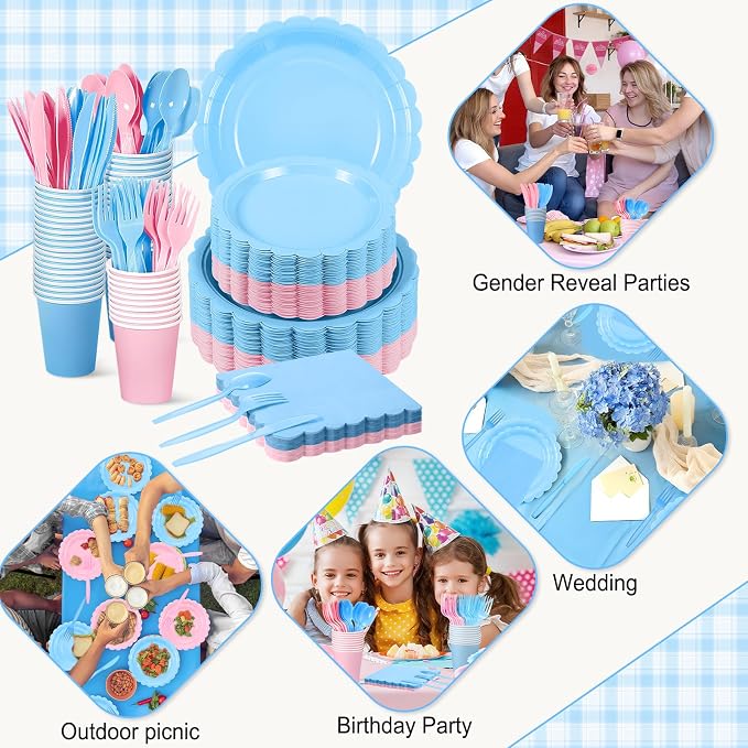 Tegeme 256 Pcs Pink and Blue Gender Reveal Party Supplies Disposable Tablecloth Paper Plates Napkin Cup Plastic Fork Knives Spoon Tableware Serve 36 Guest for Birthday Baby Shower Wedding Decoration