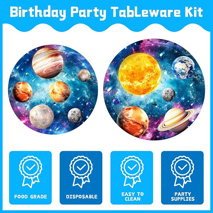 170pcs Outer Space Birthday Party Decorations Space Party Plates Napkins Tableware Set Solar System Disposable Cups Dinnerware Happy Birthday Banner Tablecloth for Kids Boys Party Supplies 24 Guests