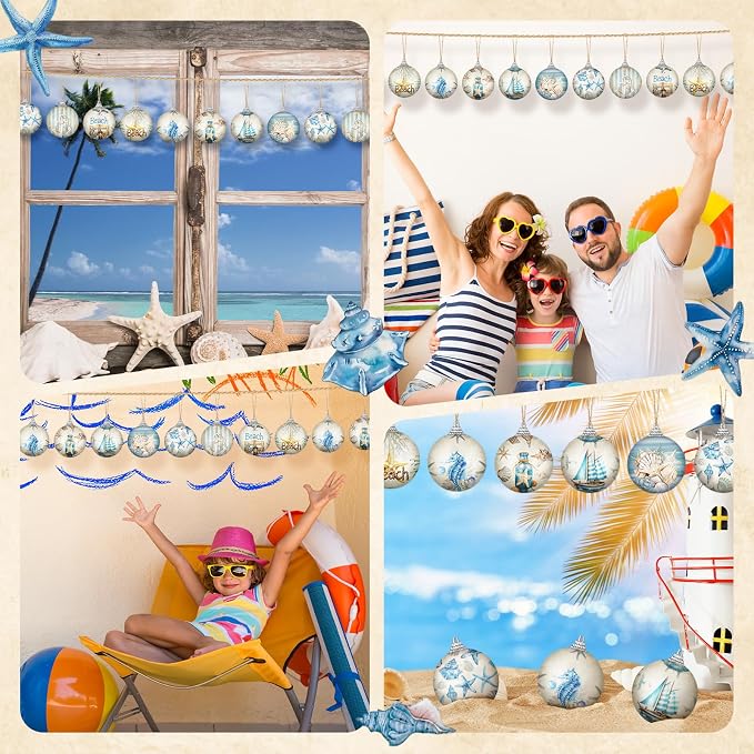 Outus 16 Pcs Summer Beach Ornaments Ball Ocean Beach Decorations for Tree Coastal Nautical Navigation Seashell Hanging Ornaments Xmas Decorations for Home Small Tree Fireplace Holiday Party Favors