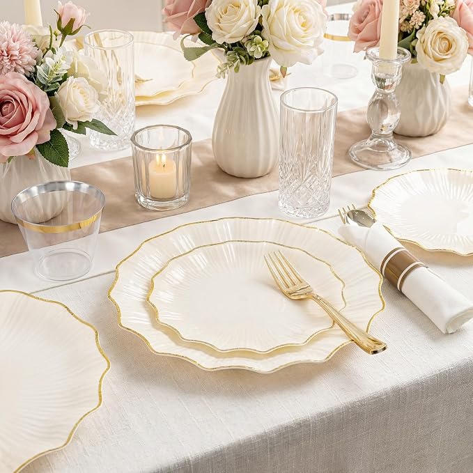 U-QE 175PCS Ivory Gold Plastic Plates - Disposable Dinnerware Set for 50 Guests - Ivory and Gold Plates and Napkins Party Supplies include 50 Plates, 25 Per Rolled Napkins with Gold Cutlery, 25 Cups