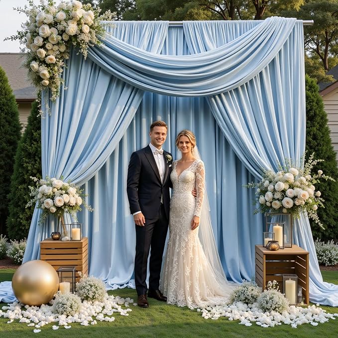 Gallety Baby Blue Backdrop Curtain for Wedding, Polyester Photography Backdrop Drapes - 30FT x 10FT Photobooth Backdrop Curtains for Celebration,Birthday,Event,Graduation Party Decorations