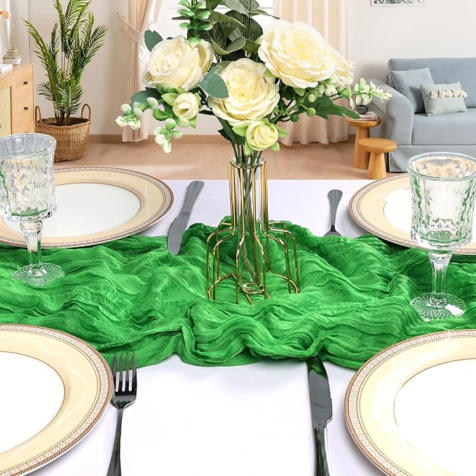 12 Pack 10FT Green Cheesecloth Table Runner 120 Inch Long Gauze Rustic Boho Spring Cheese Cloth Table Runner Sheer Fabric Decorations for Holiday Party Wedding Banquet Bridal Baby Shower Décor