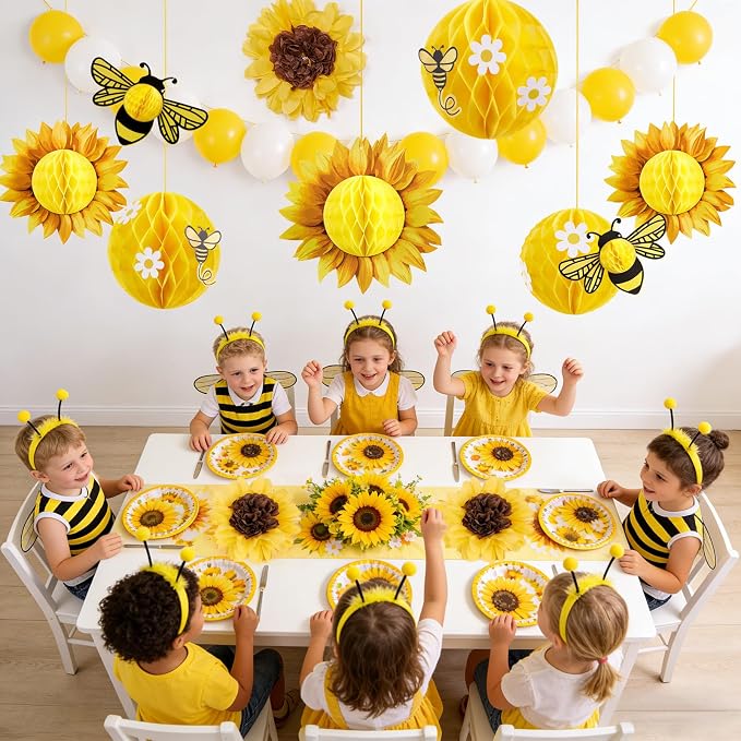 SUNBEAUTY Sunflower Party Decorations 3D Bee Honeycomb Hanging Decor Yellow Tissue Paper Flowers Birthday Yellow Sunflower Ceiling for Classroom Bulletin Board Wall Baby Shower Summer Garden Party