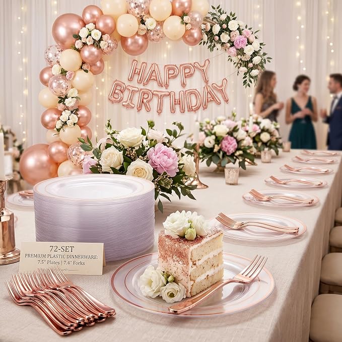 I00000 72 Pcs Rose Gold Plastic Dessert Plates7.5& 72 Pcs Plastic Forks7.4, Premium Salad Plates, Heavy Duty Disposable Plate for Party,Disposable Appetizer Plates Great for Wedding