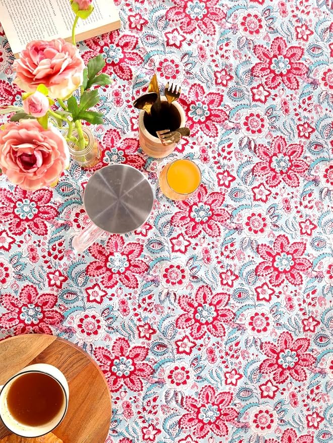 Hand Block Printed Tablecloth, Colorful Floral Print, Indian Artisan Handmade Art, Dining Room, Kitchen, Outdoor Décor, (Scarlet Garden Grace, 12 Seater 72 x 135 Inches Rectangle)