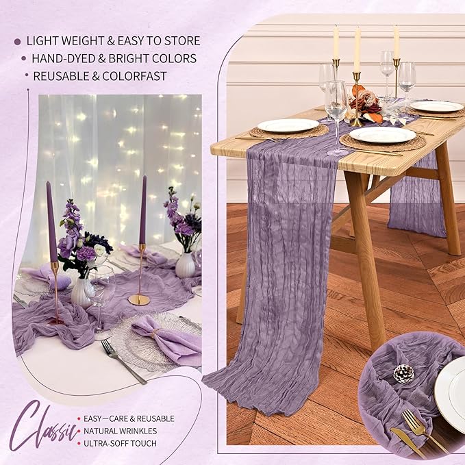 20 Pack Purple Cheesecloth Table Runner 10FT Boho Gauze Cheese Cloth Table Runners Romantic Rustic Sheer Table Decorations for Wedding Party Baby Shower Birthday Holiday Home