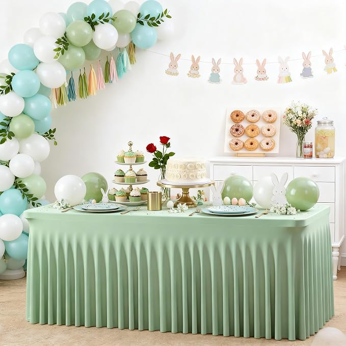 Wish Care 6 Pack Sage Green Spandex Table Clothes for 6 Foot Rectangle Tables, 6FT Wrinkle Free Fitted Tablecloths Ruffles Design Table Cloth for Party, Banquet, Wedding and Events