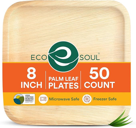 ECO SOUL Palm Leaf Like Bamboo Plates, 8 Inch Square, 50 Pack Bulk Disposable Appetizer & Dessert Tableware, Compostable Biodegradable Natural Wooden Small Party Plates for Wedding, Catering, Events