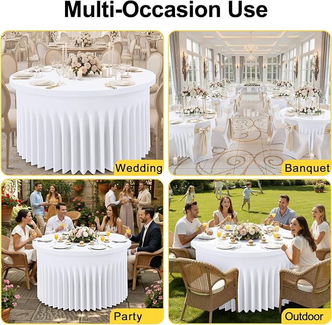 Smiry Round Spandex Tablecloth 2 Pack, Elastic Fitted Washable Tablecloths for 60 Round Tables, Waterpoof Stretch Table Cover Skirt for Outdoor, Wedding, Banquet & Parties, White