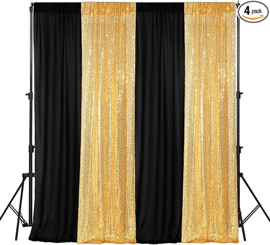 VitalCozy 4 Panels Backdrop Curtains 2 Pcs 4 x 10 ft Sequin Glitter 2 Pcs 7 x 10 ft Chiffon Photo Background Curtains for Graduation Wedding Birthday Party Decorations(Black, Gold)