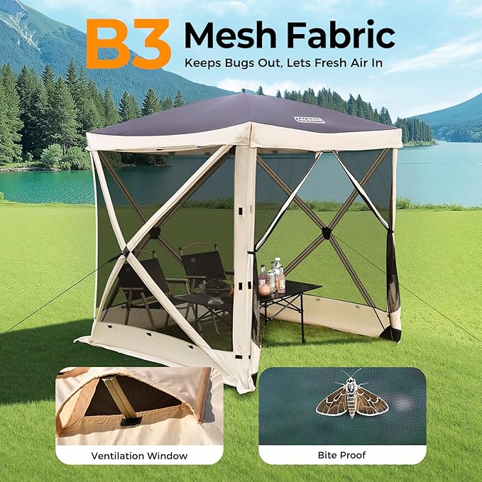 Tecoom 6x6ft Pop Up Gazebo Tent, 4-Sided Canopy Shelter Tent with Mesh Windows for Camping, Portable Large Shade Tents with Siedwalls, Carrying Bag and Stakes for Outdoor, Garden, Lawn, and Backyard