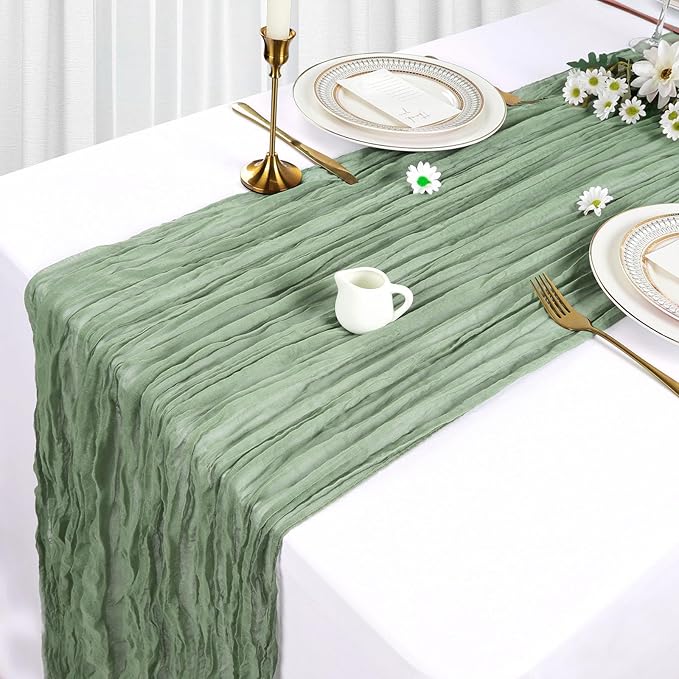 12 Pack Sage Green Cheesecloth Table Runner 10Ft Spring Gauze Cheese Cloth Table Runner 35x120 Inch Boho Sheer Rustic Fabric for Party Decor Baby Shower Wedding Decorations