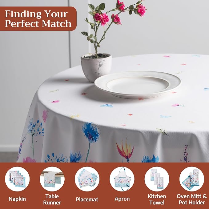 Maison d' Hermine Table Cloth Round Table 100% Cotton 69 Round Inches Tablecloth Reusable Decorative for Dining Kitchen Room Farmhouse Party Home Hotel Restaurant Spring Summer - Flower in The Field