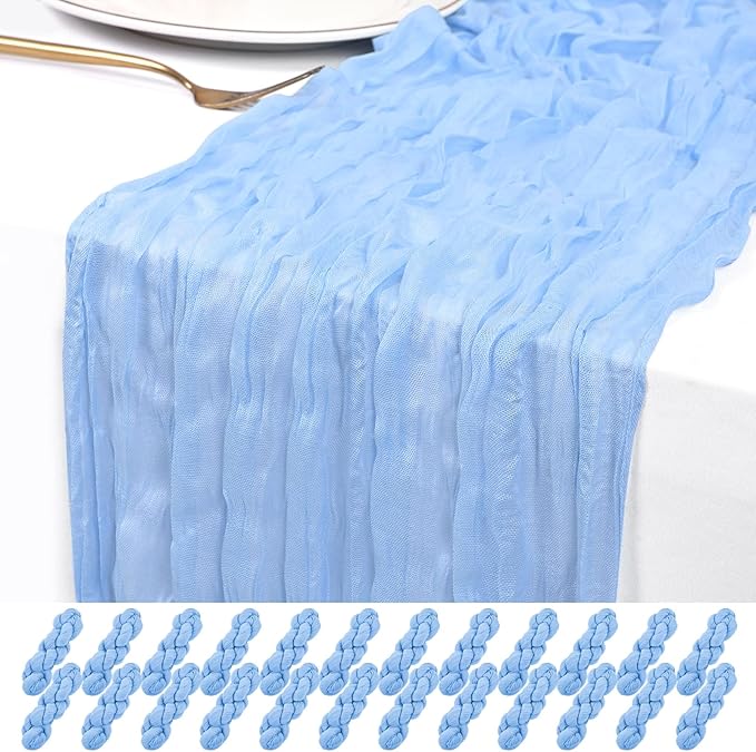 24 Pack Light Blue Cheesecloth Table Runner 120 inch Fall Thanksgiving Boho Rustic Gauze Farmhouse 10FT Cheese Cloth Runner for Baby Shower Wedding Party Holiday Home Decor