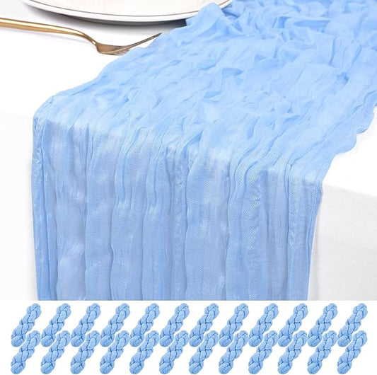 24 Pack Light Blue Cheesecloth Table Runner 120 inch Fall Thanksgiving Boho Rustic Gauze Farmhouse 10FT Cheese Cloth Runner for Baby Shower Wedding Party Holiday Home Decor