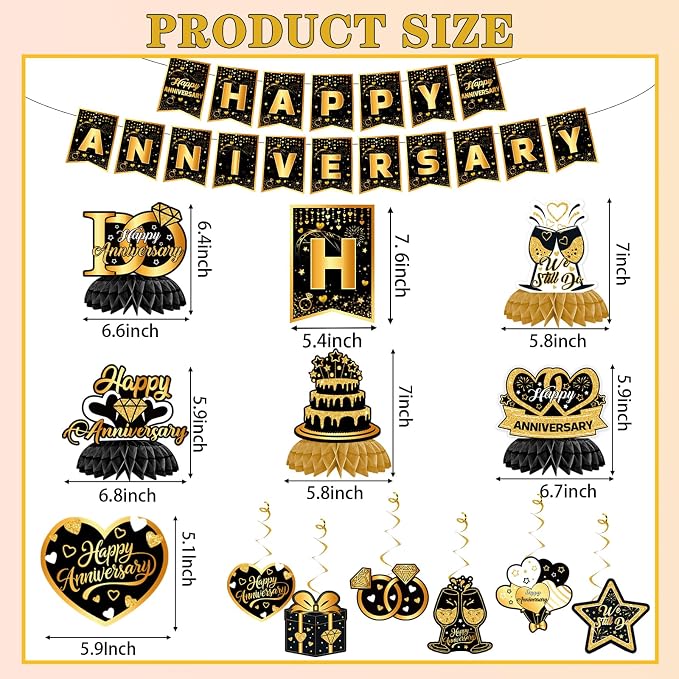 Happy Anniversary Decorations - Black Gold Wedding Party Decorations Kit, Happy Anniversary Banner, Backdrop, Hanging Swirls for Work Decorations (Black Gold)