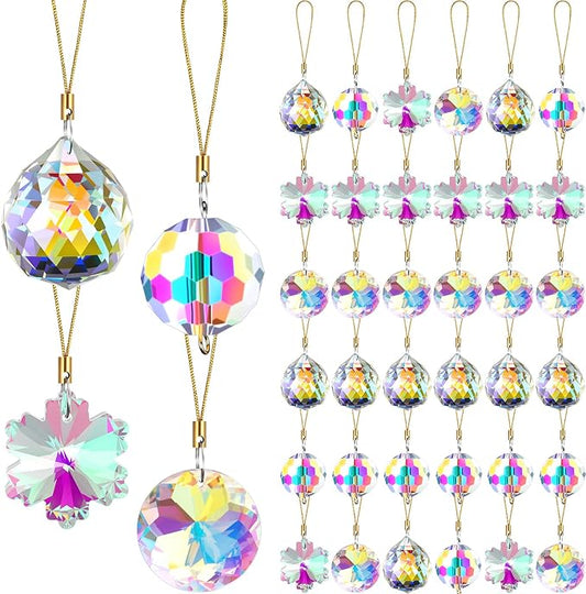XunYee 36 Pcs Crystal Glass Christmas Balls Ornaments, 1.18" Mini Hanging Crystal Prism Xmas Tree Decorations Pendants for Home Wedding Birthday Party Holiday Decorations(AB Color,Mixed Styles)