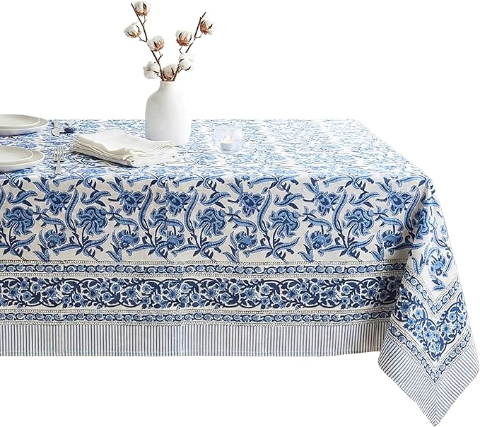ATOSII Midnight Bloom 100% Cotton Spring Summer Tablecloth, Hand Block Print Rectangle Table Cover for Kitchen Dining Linen I Parties, Outdoors, Wedding, Easter I 72 X 108 Inches I 8 Seater