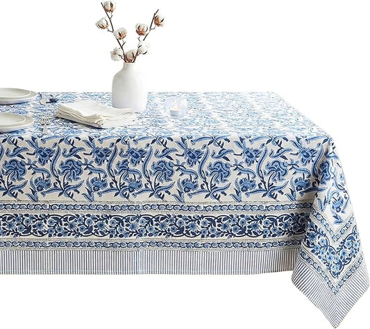 ATOSII Midnight Bloom 100% Cotton Spring Summer Tablecloth, Hand Block Print Rectangle Table Cover for Kitchen Dining Linen I Parties, Outdoors, Wedding, Easter I 72 X 108 Inches I 8 Seater