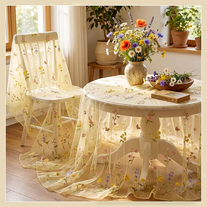 Lounsweer 3 Pcs Yellow Wildflower Table Runner 10ft Embroidery Tulle Spring Floral Table Runner Seasonal Summer Butterfly Kitchen Dining Gauze Decoration for Wedding Baby Shower Birthday Party
